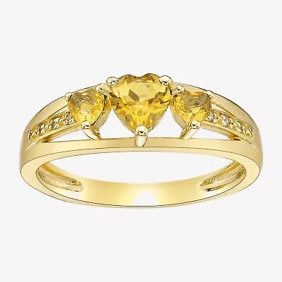 Womens Diamond Accent Genuine Yellow Citrine 18K Gold Over Silver 3-Stone Side Stone Cocktail Ring