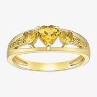 Womens Diamond Accent Genuine Yellow Citrine 18K Gold Over Silver 3-Stone Side Stone Cocktail Ring