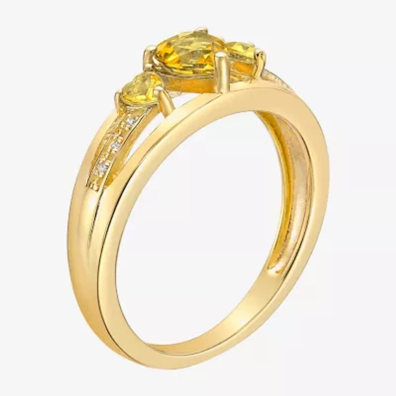 Womens Diamond Accent Genuine Yellow Citrine 18K Gold Over Silver 3-Stone Side Stone Cocktail Ring