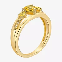 Womens Diamond Accent Genuine Yellow Citrine 18K Gold Over Silver 3-Stone Side Stone Cocktail Ring