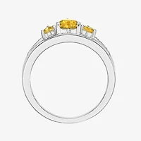 Womens Diamond Accent Genuine Yellow Citrine Sterling Silver 3-Stone Side Stone Cocktail Ring