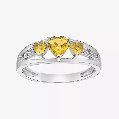 Womens Diamond Accent Genuine Yellow Citrine Sterling Silver 3-Stone Side Stone Cocktail Ring