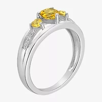 Womens Diamond Accent Genuine Yellow Citrine Sterling Silver 3-Stone Side Stone Cocktail Ring