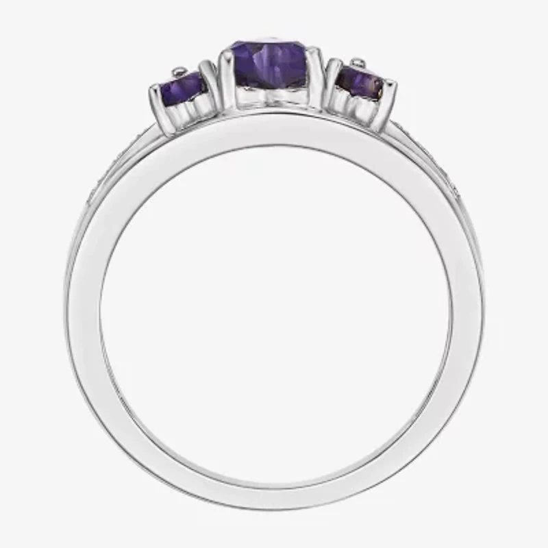Womens Diamond Accent Genuine Purple Amethyst Sterling Silver 3-Stone Side Stone Cocktail Ring