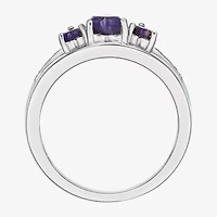 Womens Diamond Accent Genuine Purple Amethyst Sterling Silver 3-Stone Side Stone Cocktail Ring