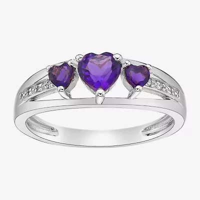 Womens Diamond Accent Genuine Purple Amethyst Sterling Silver 3-Stone Side Stone Cocktail Ring
