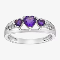 Womens Diamond Accent Genuine Purple Amethyst Sterling Silver 3-Stone Side Stone Cocktail Ring