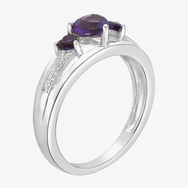 Womens Diamond Accent Genuine Purple Amethyst Sterling Silver 3-Stone Side Stone Cocktail Ring