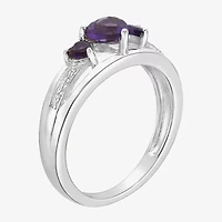 Womens Diamond Accent Genuine Purple Amethyst Sterling Silver 3-Stone Side Stone Cocktail Ring