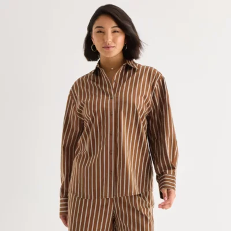 a.n.a Womens Cuffed Long Sleeve Oversized Button-Down Shirt