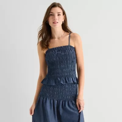 a.n.a Smocked Womens Square Neck Tank Top