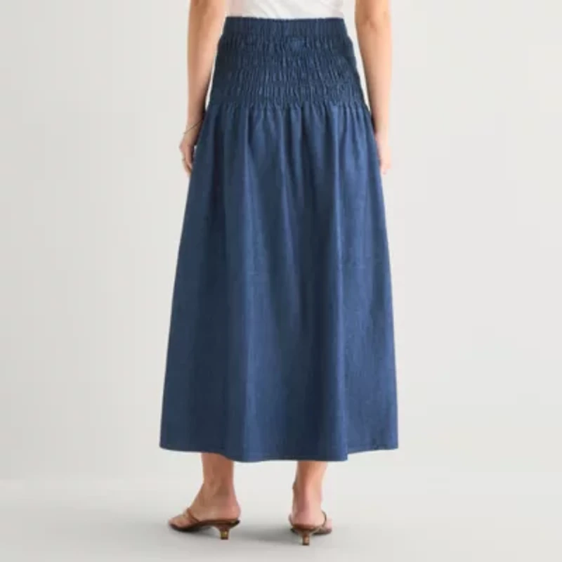 a.n.a Smocked Womens Midi A-Line Skirt