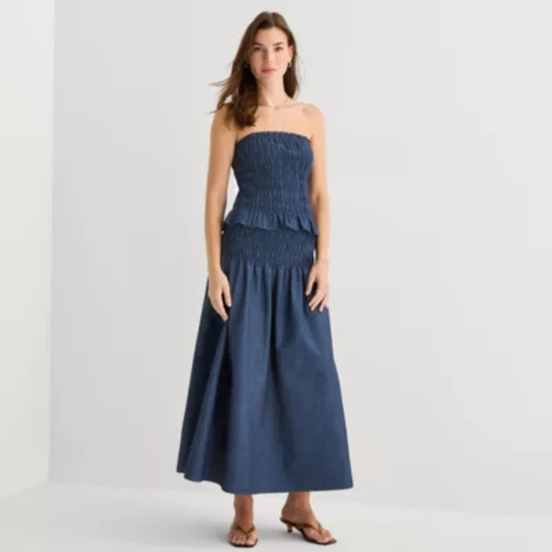 a.n.a Smocked Womens Midi A-Line Skirt