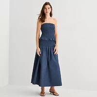 a.n.a Smocked Womens Midi A-Line Skirt