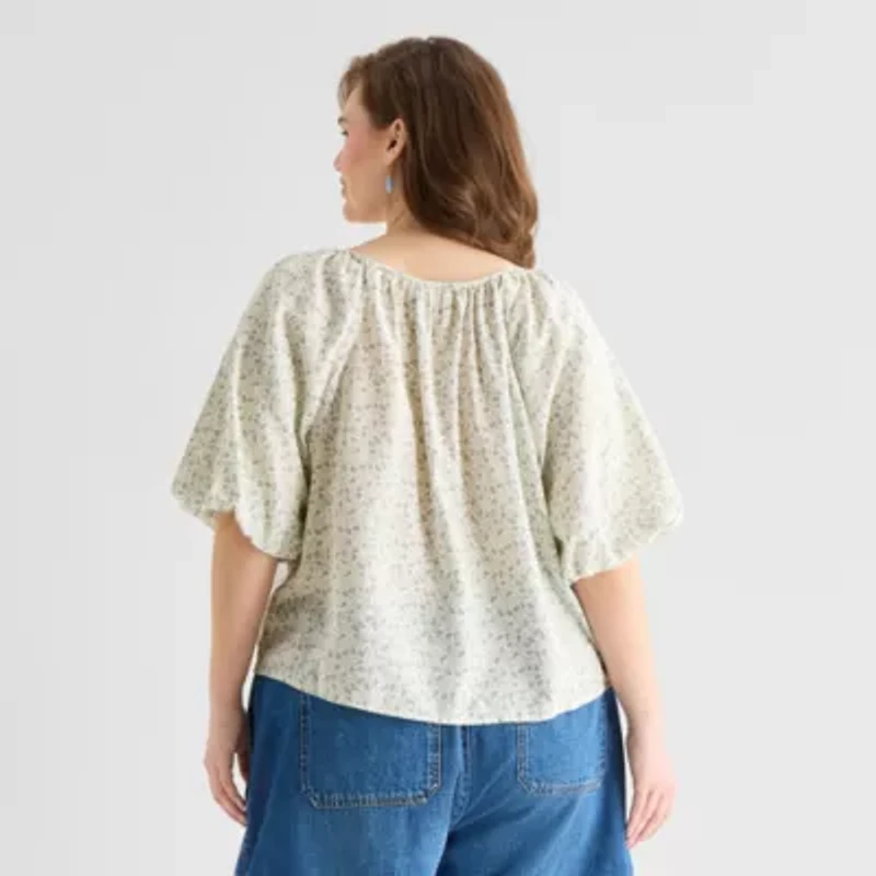 a.n.a Womens Plus Round Neck Short Sleeve Blouse