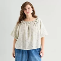 a.n.a Womens Plus Round Neck Short Sleeve Blouse