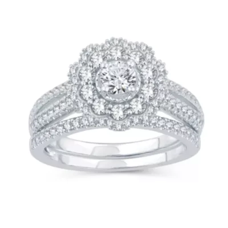 Womens 1 CT. T.W. Natural Diamond 10K White Gold Round Side Stone Halo Bridal Set