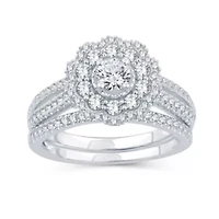 Womens 1 CT. T.W. Natural Diamond 10K White Gold Round Side Stone Halo Bridal Set