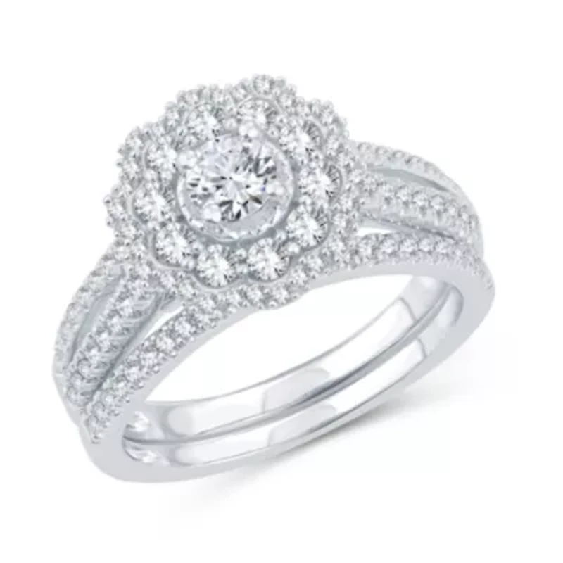Womens 1 CT. T.W. Natural Diamond 10K White Gold Round Side Stone Halo Bridal Set