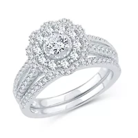 Womens 1 CT. T.W. Natural Diamond 10K White Gold Round Side Stone Halo Bridal Set