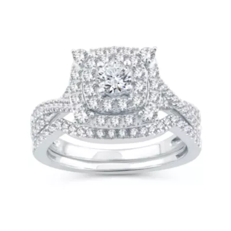 Womens 1 CT. T.W. Natural Diamond 10K White Gold Cushion Side Stone Halo Bridal Set