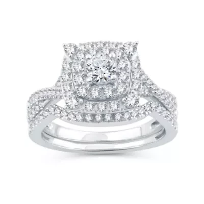 Womens 1 CT. T.W. Natural Diamond 10K White Gold Cushion Side Stone Halo Bridal Set