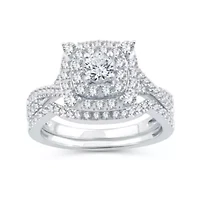 Womens 1 CT. T.W. Natural Diamond 10K White Gold Cushion Side Stone Halo Bridal Set