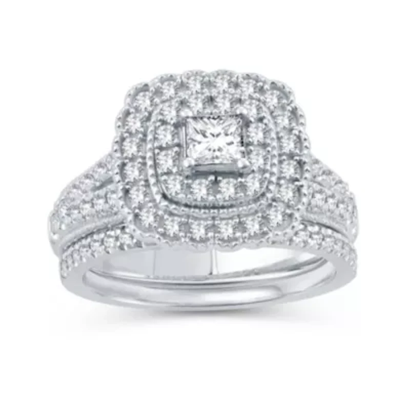 Womens 1 CT. T.W. Natural Diamond 10K White Gold Cushion Bridal Set
