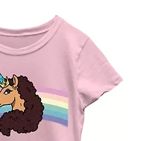 Little & Big Kid Girls Crew Neck Short Sleeve Regular Fit Afro Unicorn Graphic T-Shirt