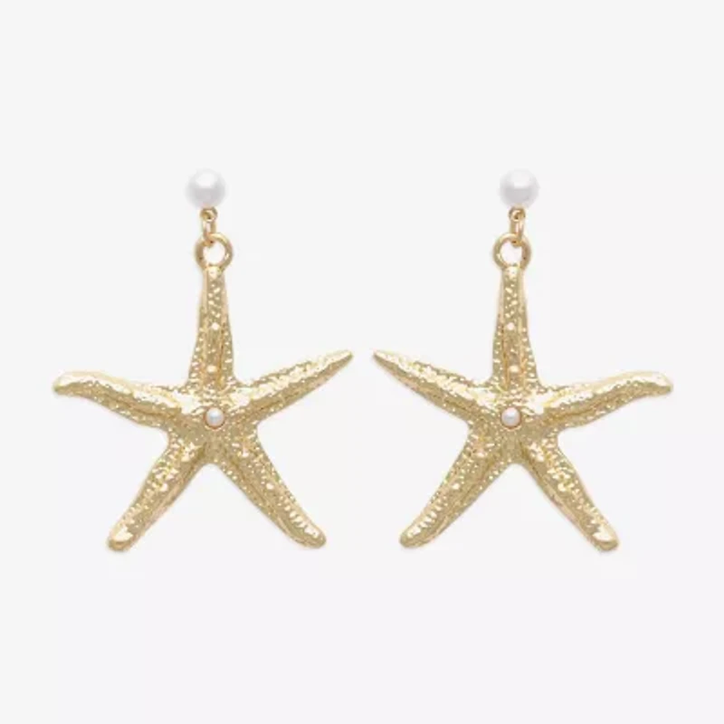 Bijoux Bar Gold Tone Starfish Womens Simulated Pearl Drop Earrings