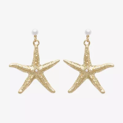 Bijoux Bar Gold Tone Starfish Womens Simulated Pearl Drop Earrings