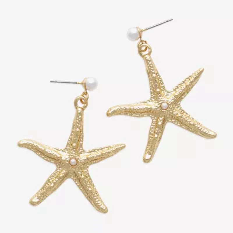 Bijoux Bar Gold Tone Starfish Womens Simulated Pearl Drop Earrings