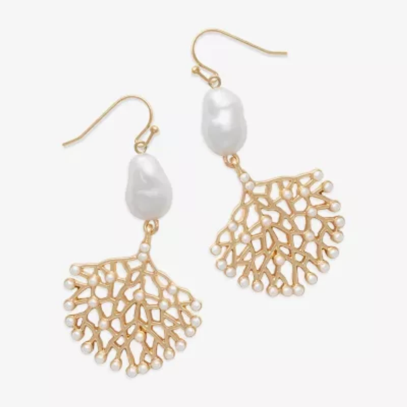 Bijoux Bar Gold Tone Shell Womens Simulated Pearl Drop Earrings