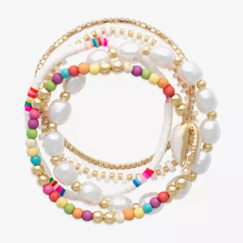 Bijoux Bar Shell Womens Simulated Pearl Beaded Bracelet