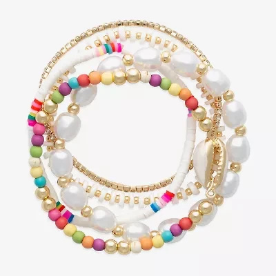 Bijoux Bar Shell Womens Simulated Pearl Beaded Bracelet