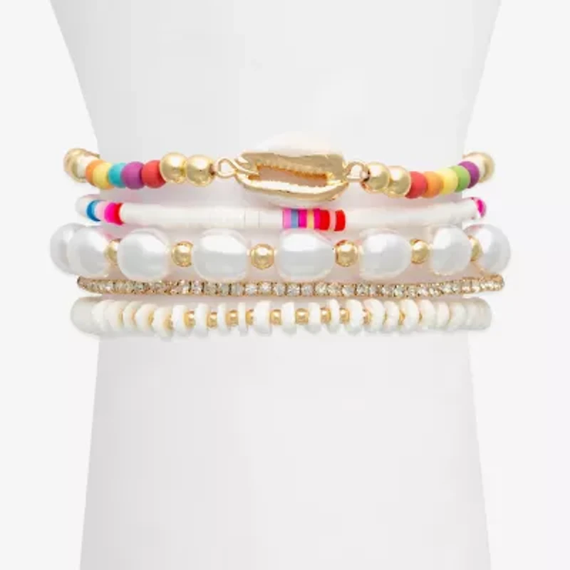 Bijoux Bar Shell Womens Simulated Pearl Beaded Bracelet
