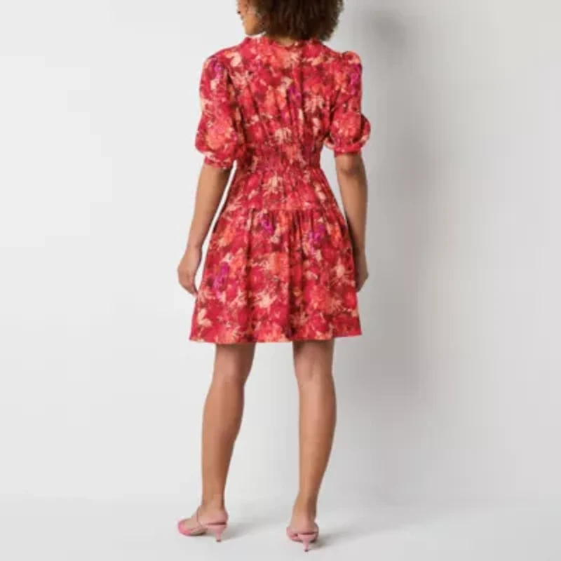 Danny & Nicole Womens Short Sleeve Floral Fit + Flare Dress