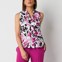 Black Label by Evan-Picone Womens Split Tie Neck Sleeveless Blouse