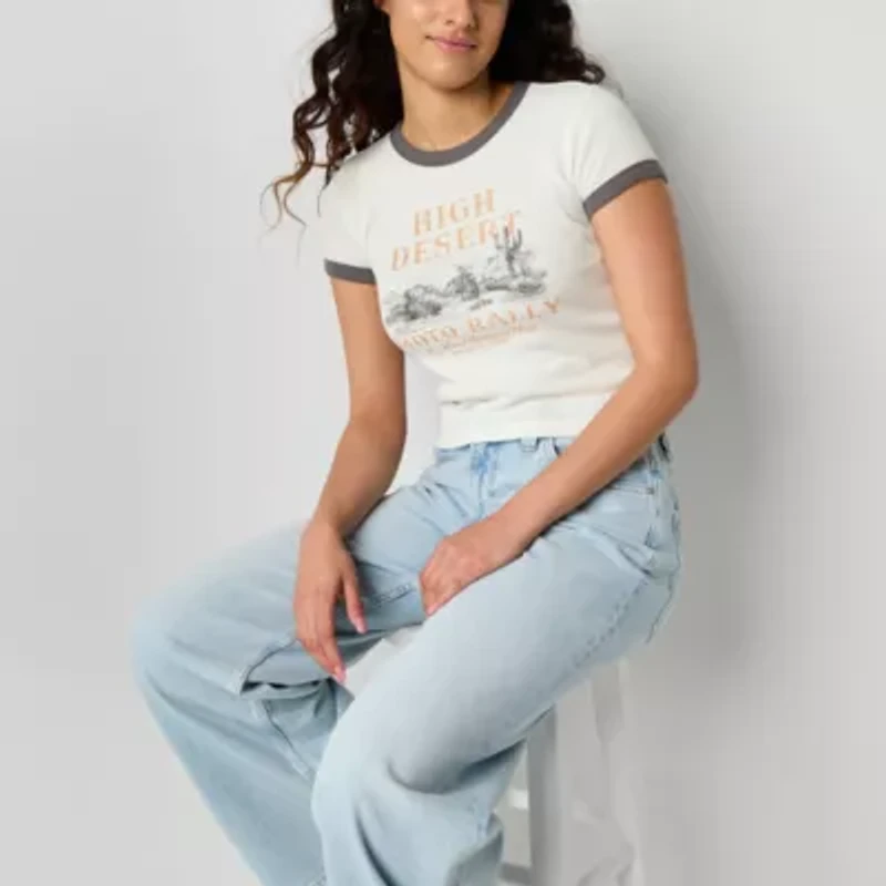 Arizona Womens Crew Neck Short Sleeve Juniors Graphic T-Shirt