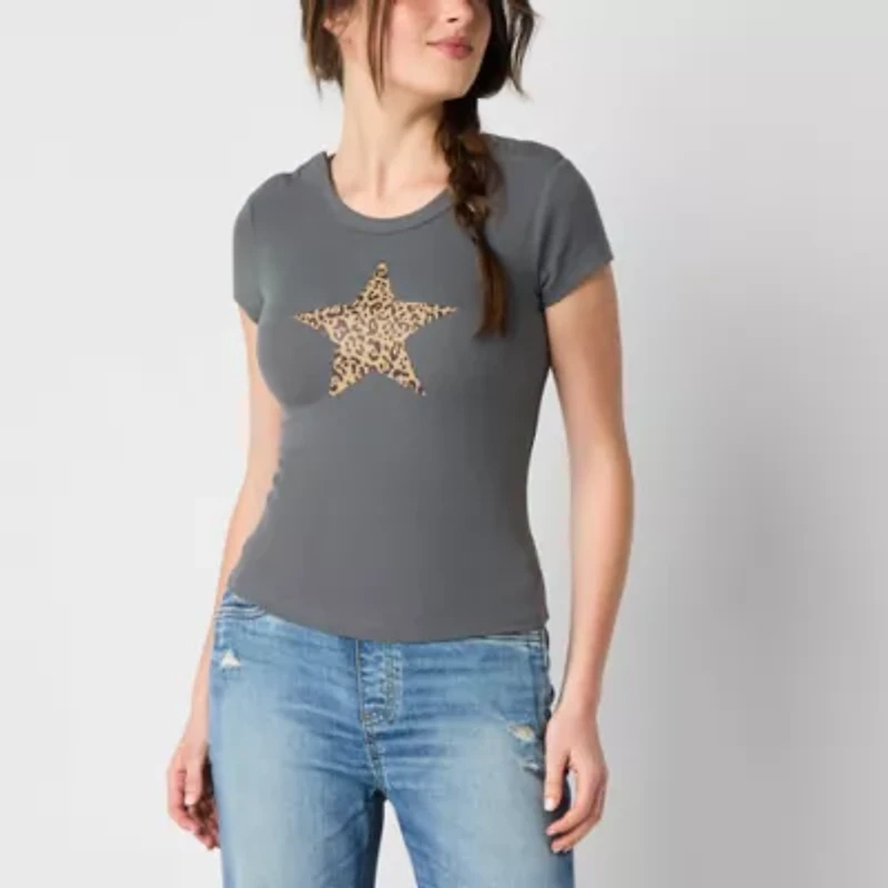 Arizona Womens Juniors Crew Neck Short Sleeve Adaptive Graphic T-Shirt