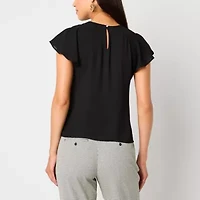 Worthington Petite Womens Round Neck Short Sleeve Blouse