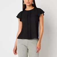 Worthington Petite Womens Round Neck Short Sleeve Blouse