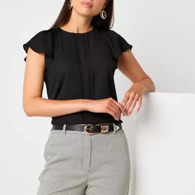 Worthington Petite Womens Round Neck Short Sleeve Blouse