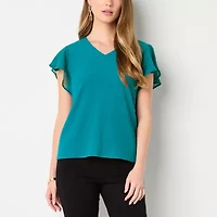 Liz Claiborne Womens V Neck Short Sleeve Blouse