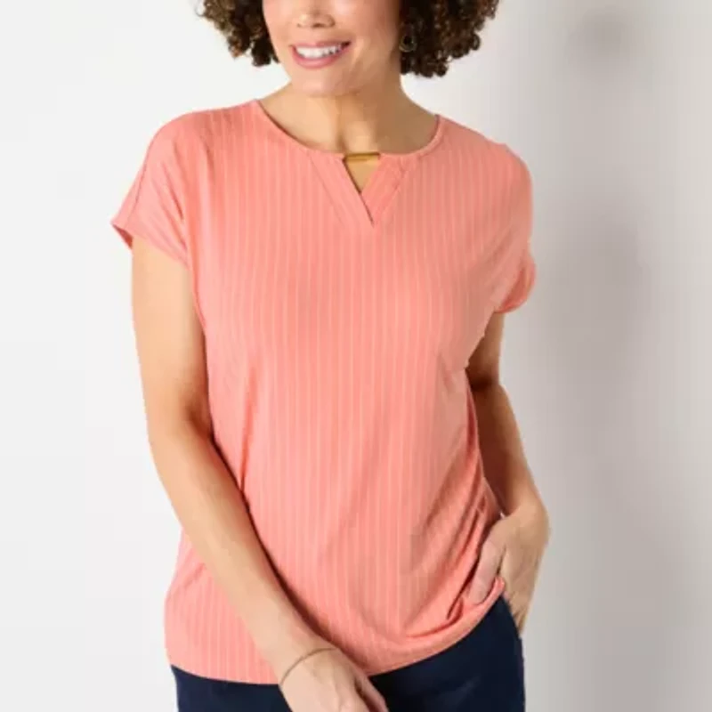 Liz Claiborne Womens Keyhole Neck Short Sleeve Blouse