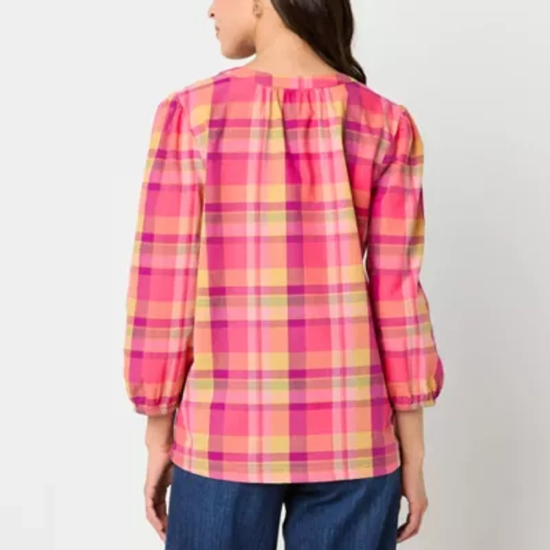 St. John's Bay Womens Split Tie Neck 3/4 Sleeve Blouse