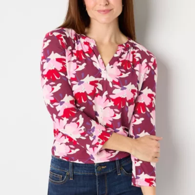 Liz Claiborne Womens V Neck 3/4 Sleeve Blouse