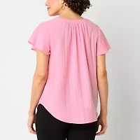 Liz Claiborne Womens Split Crew Neck Short Sleeve Blouse