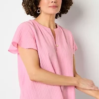 Liz Claiborne Womens Split Crew Neck Short Sleeve Blouse