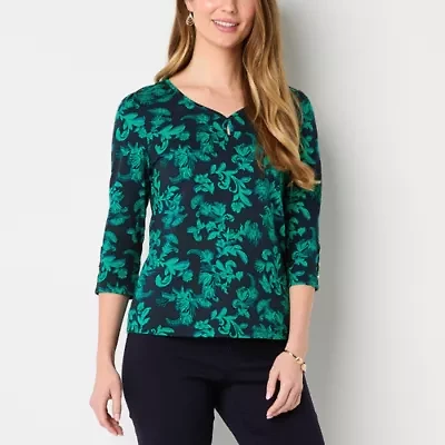 Liz Claiborne Womens Keyhole Neck 3/4 Sleeve Blouse